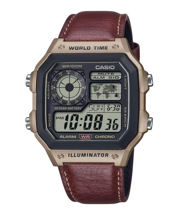 Casio Standard Digital World Time -nahkahihna kvartsi AE-1200WHL-5AV 100M miesten kello