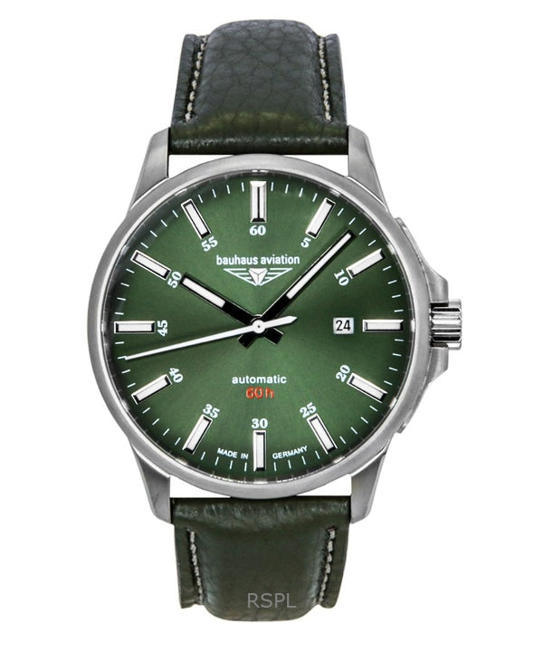 Bauhaus Aviation -nahkaranneke, tummanvihreä kellotaulu, automaattinen 28644 100M miesten kello