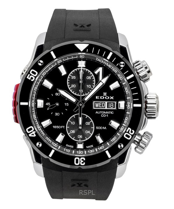 Edox CO-1 Chronograph -kumisella hihnalla, mustalla kellotaululla, automaattinen sukeltajan 01128-3NRCA-NN 500M miesten kello