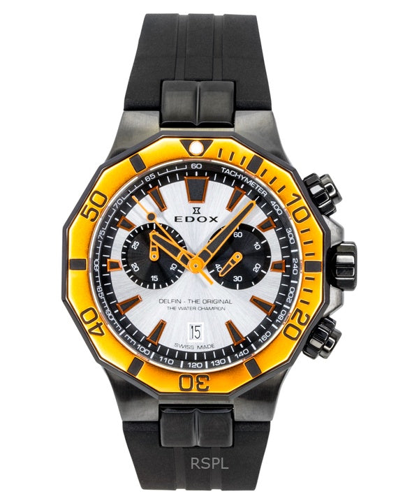 Edox Delfin The Original Chronograph -kumisella hihnalla ja hopeanvärisellä taululla varustettu kvartsikello Diver's 10112-37GNOCA-ANO 200M miesten kello