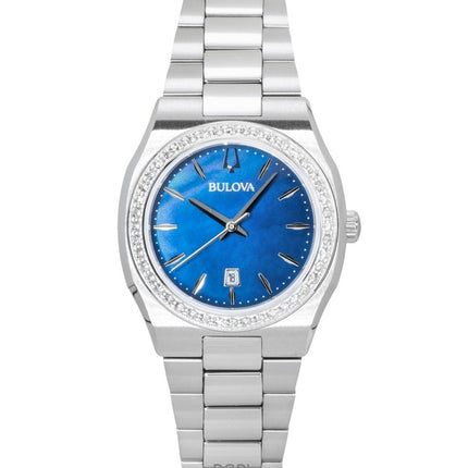Bulova Surveyor ruostumattomasta teräksestä valmistettu timanttikoristeinen sininen helmiäismuna-kellotaulu kvartsi 96R246 naisten kello