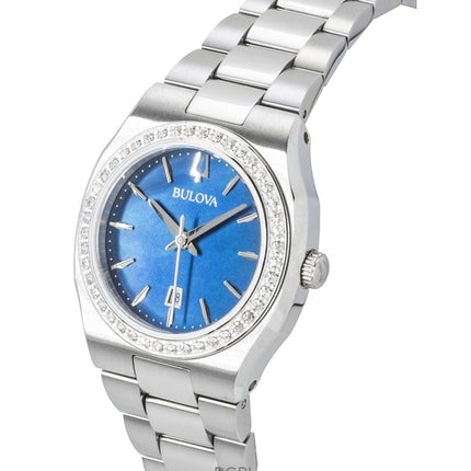 Bulova Surveyor ruostumattomasta teräksestä valmistettu timanttikoristeinen sininen helmiäismuna-kellotaulu kvartsi 96R246 naisten kello