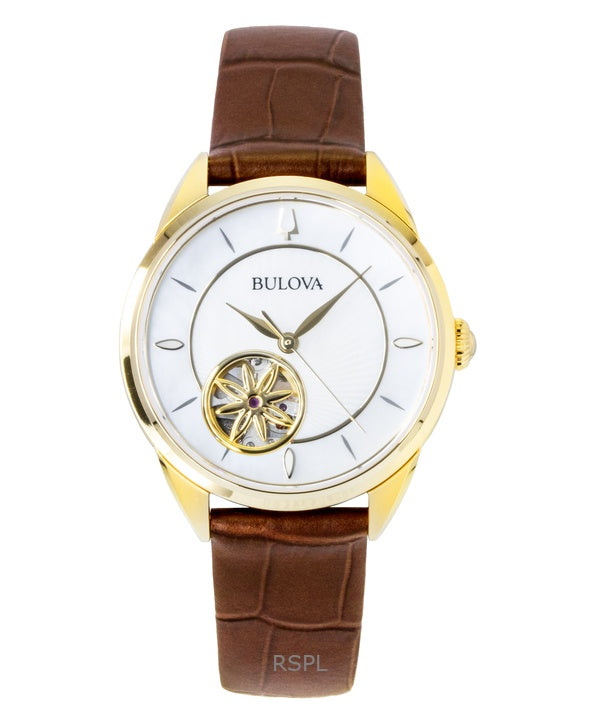 Bulova Sutton -nahkahihnalla varustettu avokeskuinen helmiäiskuvioinen automaattinen 97L179 naistenkello