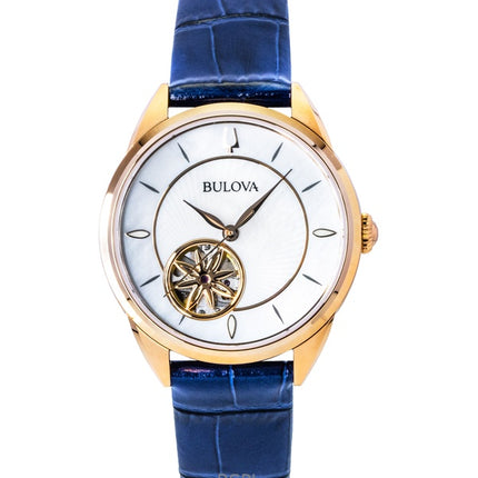 Bulova Sutton -nahkahihnalla varustettu avokeskummallinen helmiäiskuvioinen automaattinen 97L180 naistenkello