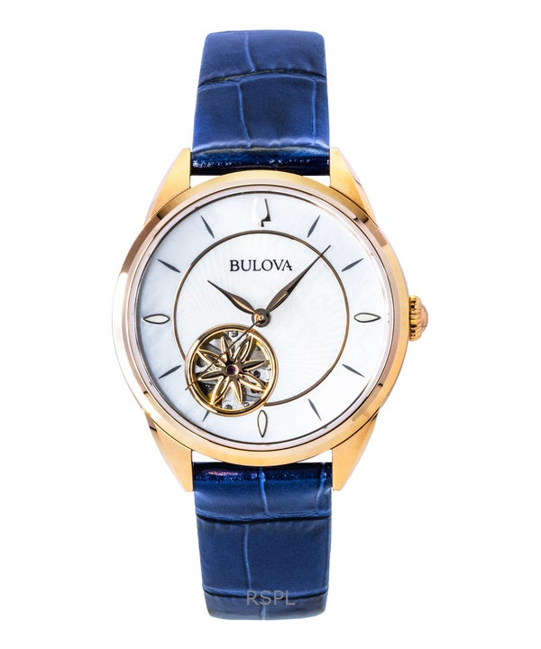 Bulova Sutton -nahkahihnalla varustettu avokeskummallinen helmiäiskuvioinen automaattinen 97L180 naistenkello