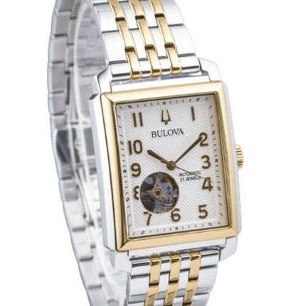 Bulova Sutton kaksisävyinen ruostumattomasta teräksestä valmistettu avoin sydän, hopea kellotaulu 98A308 miesten kello