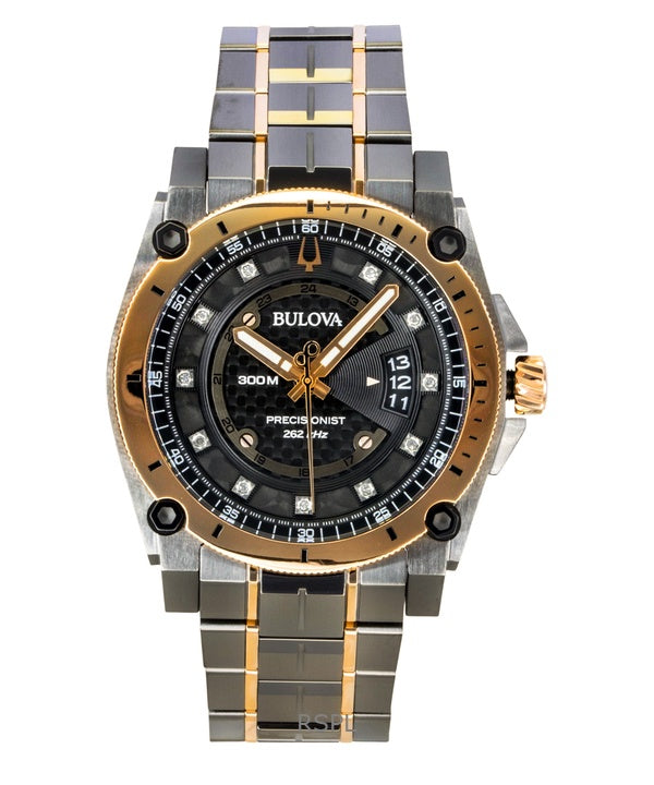 Bulova Precisionist Diamond ruostumattomasta teräksestä valmistettu musta kellotaulu kvartsi sukeltajan 98D149 300M miesten kello