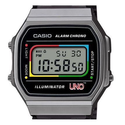 Casio Vintage Digital UNO -yhteistyömalli ruostumattomasta teräksestä valmistettu rannekoru Quartz A168WEUC-1A Unisex kello