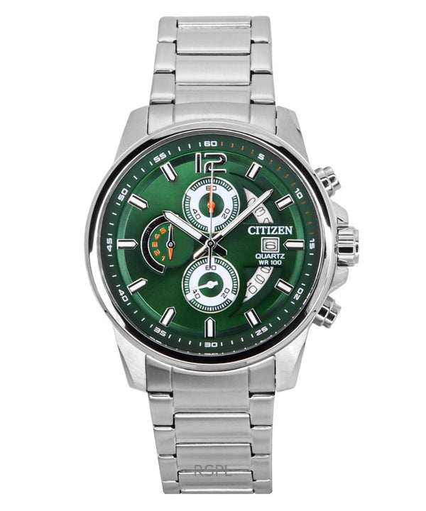 Citizen Chronograph ruostumattomasta teräksestä valmistettu vihreä kellotaulu kvartsi AN3690-56X 100M miesten kello