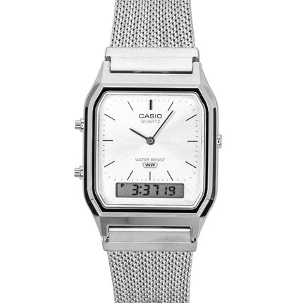 Casio Vintage analoginen digitaalinen ruostumattomasta teräksestä valmistettu verkkoranneke hopeisella kellotaululla AQ-230EM-7A unisex kvartsikello
