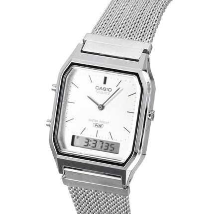 Casio Vintage analoginen digitaalinen ruostumattomasta teräksestä valmistettu verkkoranneke hopeisella kellotaululla AQ-230EM-7A unisex kvartsikello