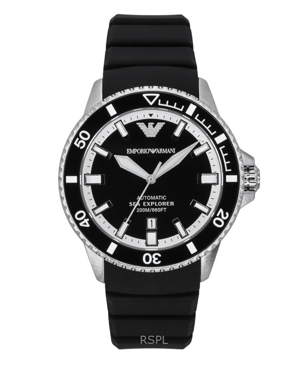 Emporio Armani Sea Explorer silikoniranneke mustalla kellotaululla automaattinen sukeltajan AR60078 200M miesten kello
