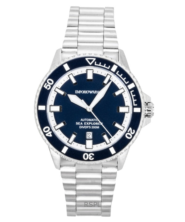 Emporio Armani Sea Explorer ruostumattomasta teräksestä valmistettu sininen kellotaulu sukeltajan automaattinen AR60087 200M miesten kello
