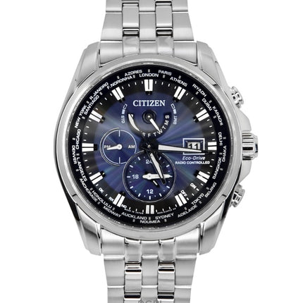 Citizen Eco-Drive Radio-ohjattava ruostumattomasta teräksestä valmistettu sinisellä kellotaululla varustettu sukeltajan AT9031-52L 200M miesten kello