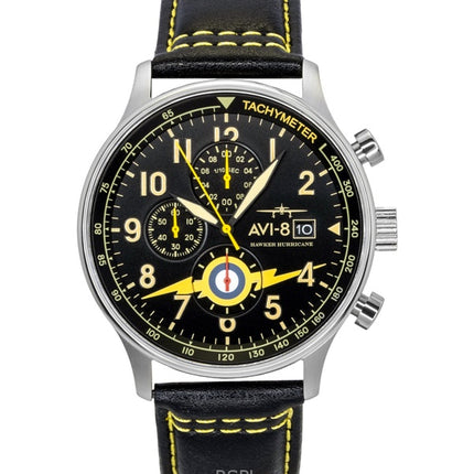 AVI-8 Hawker Hurricane Classic Chronograph -kvartsikello, mustalla nahkarannekkeella, AV-4011-0Z, miesten rannekello lisärannekkeella