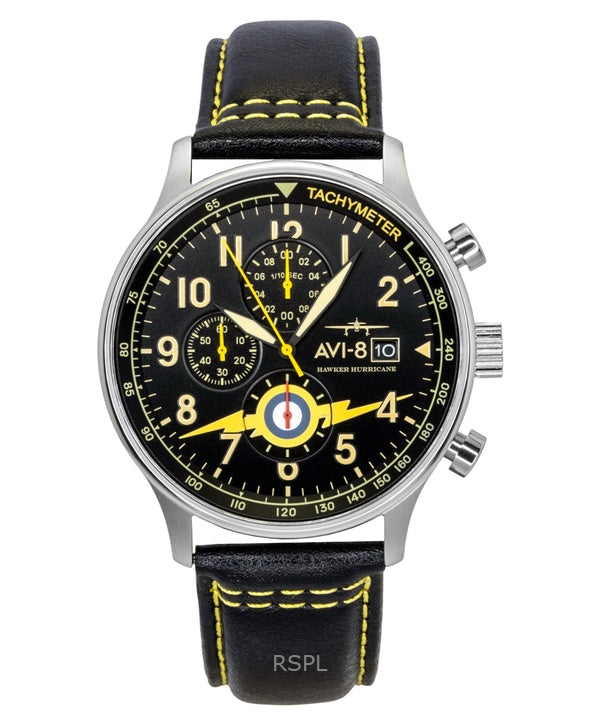 AVI-8 Hawker Hurricane Classic Chronograph -kvartsikello, mustalla nahkarannekkeella, AV-4011-0Z, miesten rannekello lisärannekkeella