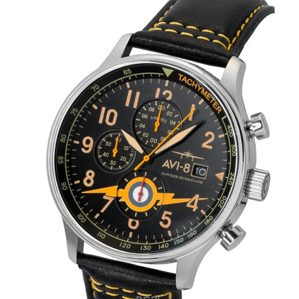 AVI-8 Hawker Hurricane Classic Chronograph -kvartsikello, mustalla nahkarannekkeella, AV-4011-0Z, miesten rannekello lisärannekkeella