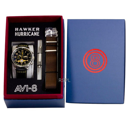 AVI-8 Hawker Hurricane Classic Chronograph -kvartsikello, mustalla nahkarannekkeella, AV-4011-0Z, miesten rannekello lisärannekkeella