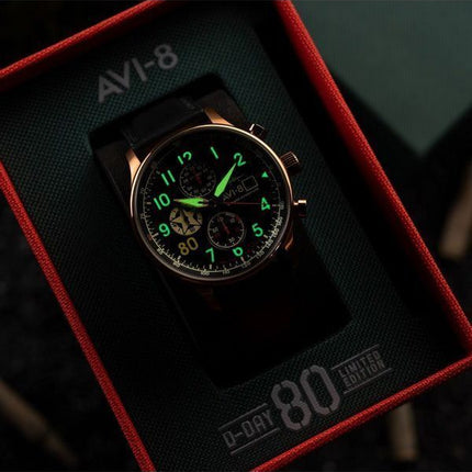 AVI-8 Hawker Hurricane Classic Chronograph D-Day 80 Limited Edition kultainen musta kellotaulu kvartsi AV-4011-1D miesten kello