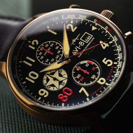 AVI-8 Hawker Hurricane Classic Chronograph D-Day 80 Limited Edition kultainen musta kellotaulu kvartsi AV-4011-1D miesten kello
