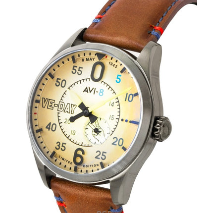 AVI-8 Spitfire Type 300 VE-Day 80th Limited Edition -nahkahihna, kermanvärinen kellotaulu, automaattinen AV-4073-02, miesten kello