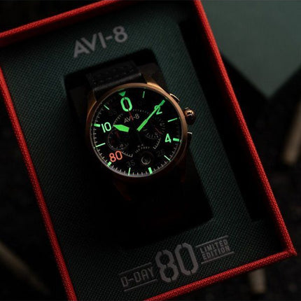 AVI-8 Spitfire Lock Chronograph D-Day 80 Limited Edition miekka nahkahihna, musta kellotaulu kvartsi AV-4089-0A miesten kello