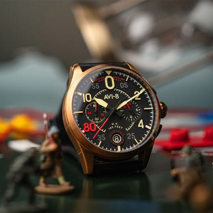 AVI-8 Spitfire Lock Chronograph D-Day 80 Limited Edition miekka nahkahihna, musta kellotaulu kvartsi AV-4089-0A miesten kello