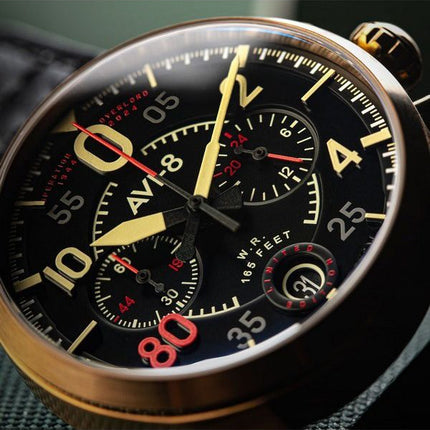 AVI-8 Spitfire Lock Chronograph D-Day 80 Limited Edition miekka nahkahihna, musta kellotaulu kvartsi AV-4089-0A miesten kello