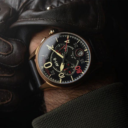 AVI-8 Spitfire Lock Chronograph D-Day 80 Limited Edition miekka nahkahihna, musta kellotaulu kvartsi AV-4089-0A miesten kello