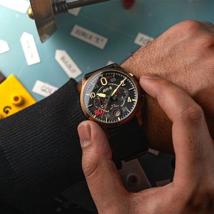 AVI-8 Spitfire Lock Chronograph D-Day 80 Limited Edition miekka nahkahihna, musta kellotaulu kvartsi AV-4089-0A miesten kello