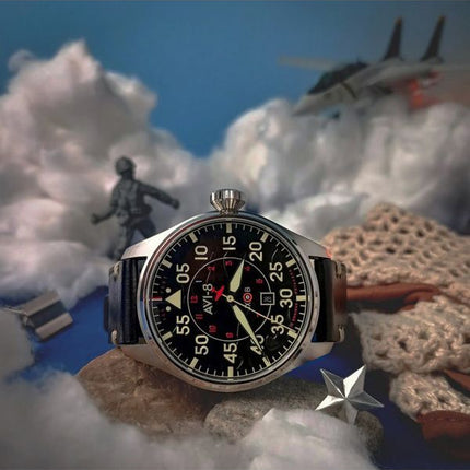 AVI-8 Hawker Hurricane Kenley Clowes automaattinen musta kellotaulu AV-4097-03 miesten kello