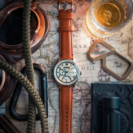 AVI-8 Hawker Hurricane Mckellar Dual Time Brown Beige Nahkahihna Kermanvärinen kellotaulu AV-4101-0C Quartz Miesten kello lisähi