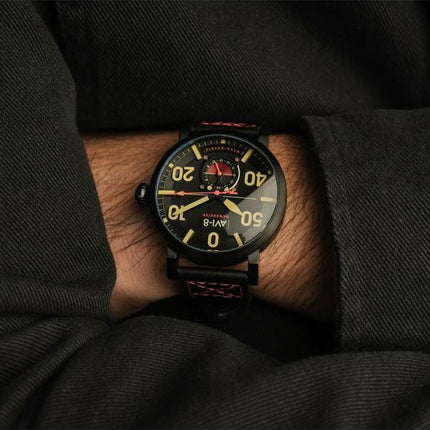AVI-8 Spitfire Lock Chronograph D-Day 80 Limited Edition miekka nahkahihna, musta kellotaulu kvartsi AV-4089-0A miesten kello