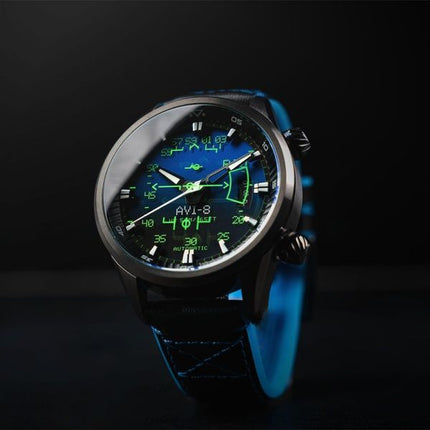 AVI-8 Hawker Harrier HUD-nahkahihna, sininen kellotaulu, automaattinen AV-4117-01 miesten kello