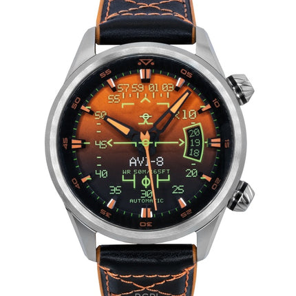AVI-8 Hawker Harrier HUD kumi- ja nahkaranneke, liukuvärjätty oranssi kellotaulu, automaattinen AV-4117-03 miesten kello