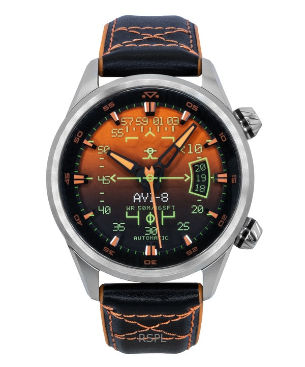 AVI-8 Hawker Harrier HUD kumi- ja nahkaranneke, liukuvärjätty oranssi kellotaulu, automaattinen AV-4117-03 miesten kello