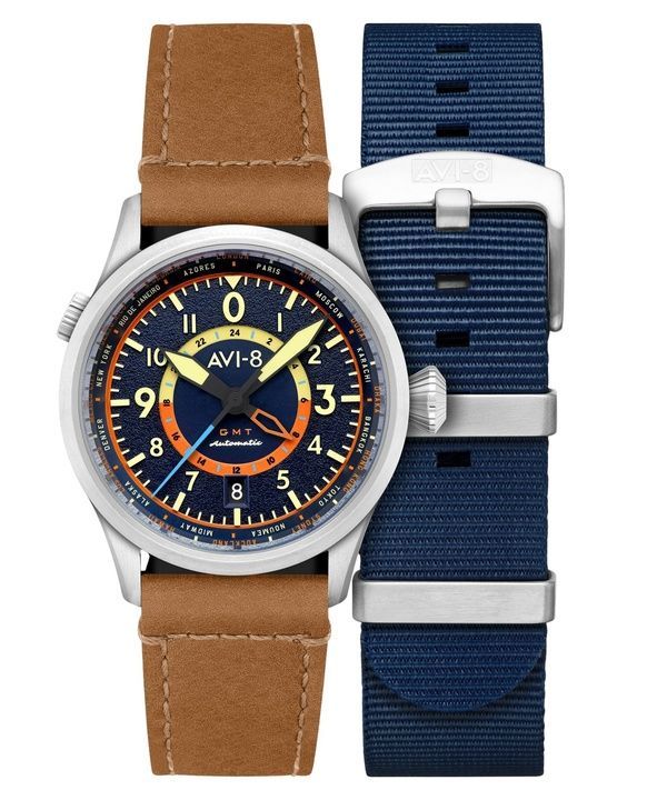 AVI-8 Flyboy Wingman Worldtimer GMT Atlantic Blue Kellotaulu Automaattinen AV-4120-01 Miesten kello lisähihnalla