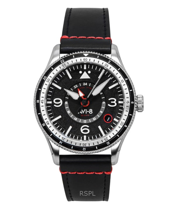 AVI-8 Flyboy Airmaster GMT nahkaranneke, moottorin musta kellotaulu, automaattinen AV-4128-01 miesten kello