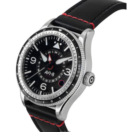 AVI-8 Flyboy Airmaster GMT nahkaranneke, moottorin musta kellotaulu, automaattinen AV-4128-01 miesten kello