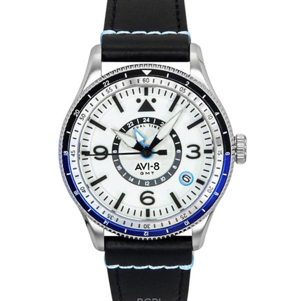 AVI-8 Flyboy Airmaster GMT nahkaranneke, valkoinen kellotaulu, automaattinen AV-4128-02 miesten kello