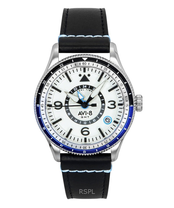 AVI-8 Flyboy Airmaster GMT nahkaranneke, valkoinen kellotaulu, automaattinen AV-4128-02 miesten kello