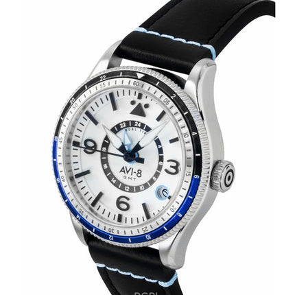 AVI-8 Flyboy Airmaster GMT nahkaranneke, valkoinen kellotaulu, automaattinen AV-4128-02 miesten kello