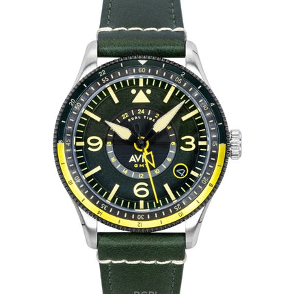 AVI-8 Flyboy Airmaster GMT -runko, vihreä nahkaranneke, vihreä kellotaulu, automaattinen, AV-4128-03, miesten kello