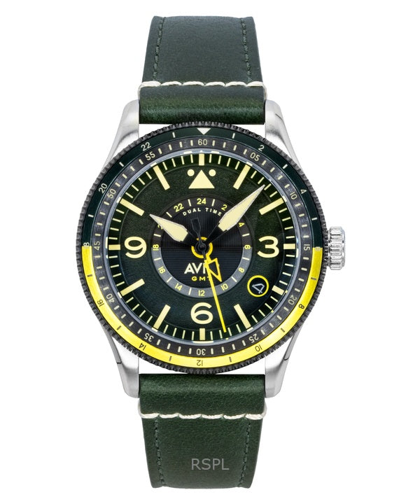 AVI-8 Flyboy Airmaster GMT -runko, vihreä nahkaranneke, vihreä kellotaulu, automaattinen, AV-4128-03, miesten kello