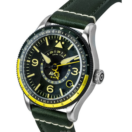 AVI-8 Flyboy Airmaster GMT -runko, vihreä nahkaranneke, vihreä kellotaulu, automaattinen, AV-4128-03, miesten kello