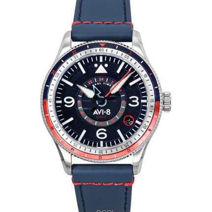 AVI-8 Flyboy Airmaster GMT -ohjaamo, sininen nahkaranneke, sininen kellotaulu, automaattinen, AV-4128-04, miesten kello