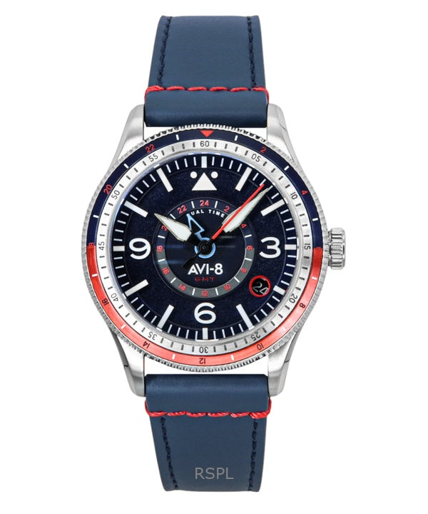 AVI-8 Flyboy Airmaster GMT -ohjaamo, sininen nahkaranneke, sininen kellotaulu, automaattinen, AV-4128-04, miesten kello