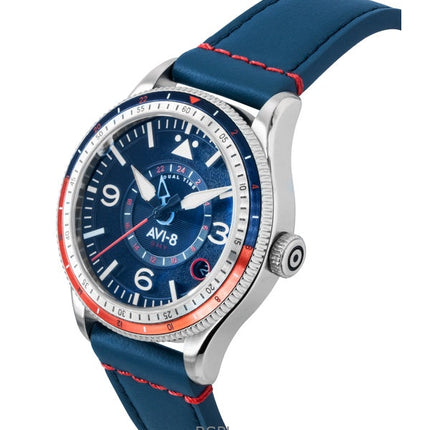 AVI-8 Flyboy Airmaster GMT -ohjaamo, sininen nahkaranneke, sininen kellotaulu, automaattinen, AV-4128-04, miesten kello