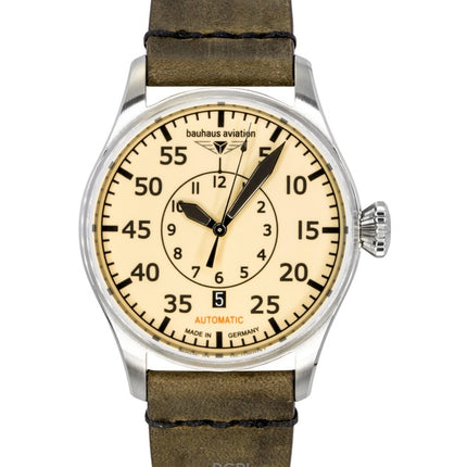 Bauhaus Aviation -nahkahihnalla varustettu beige soittaa automaattinen 27565 miesten kello