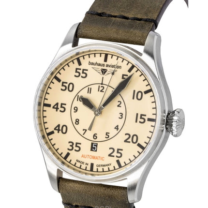 Bauhaus Aviation -nahkahihnalla varustettu beige soittaa automaattinen 27565 miesten kello